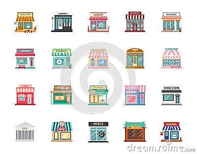 Collection of shop buildings isolated on white background,Retail business urban shop, store. Market and bakery, cafe and boutique Vector Illustration