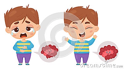 Collection with sick boy suffering from pain in intestines and healthy child with character of internal organ intestine. Abdominal Vector Illustration
