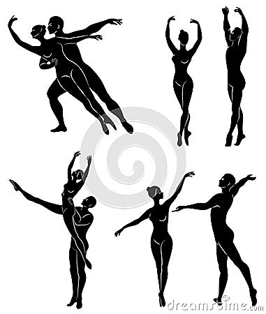 Collection. Silhouette of a ballet actor. The woman and the man have beautiful slender figures. Girl ballerina and boyfriend Cartoon Illustration