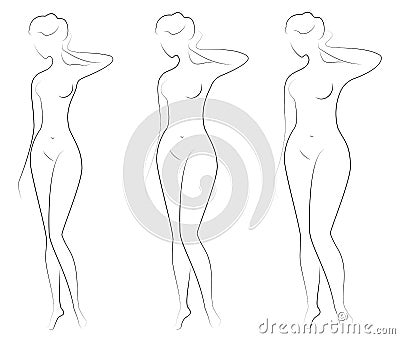 Collection. Silhouette of a beautiful woman figure. The girl is thin, slender and the woman is fat. The lady is standing. Set of Cartoon Illustration