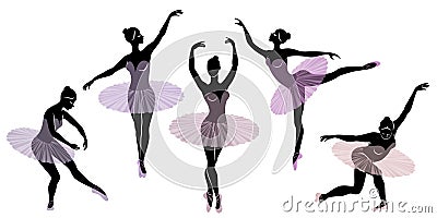 Collection. Silhouette of a cute lady, she is dancing ballet. The girl has a beautiful figure. Woman ballerina. Vector Cartoon Illustration