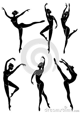 Collection. Silhouette of a cute lady, she is dancing ballet. The girl has a slim beautiful figure. Woman ballerina. Vector Cartoon Illustration