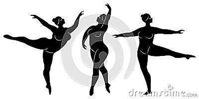 Collection. Silhouette of a cute lady, she is dancing ballet. A woman is overweight. The girl is plump, slim, thin. Woman Cartoon Illustration
