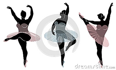 Collection. Silhouette of a cute lady, she is dancing ballet. Woman is overweight. The girl is plump and slim. Woman is ballerina Cartoon Illustration