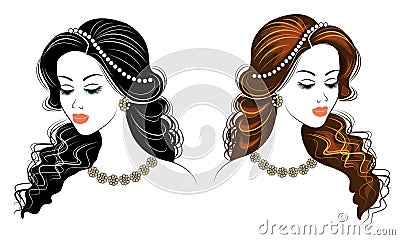 Collection. Silhouette of the head of a cute lady. The girl shows her hairstyle on long and medium hair. Suitable for logo, Cartoon Illustration