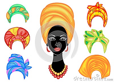 Collection. Silhouette of a head of a sweet lady. A bright shawl, a turban is tied on the head of an African-American girl. The Cartoon Illustration