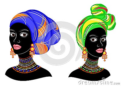 Collection. Silhouette of a head of a sweet lady. A bright shawl, a turban, tied to the head of an African-American girl. The Cartoon Illustration