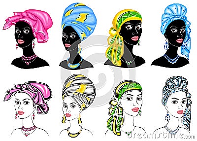 Collection. Silhouette of a head of a sweet lady. A bright shawl, a turban, tied to the head of an African-American girl. The Cartoon Illustration