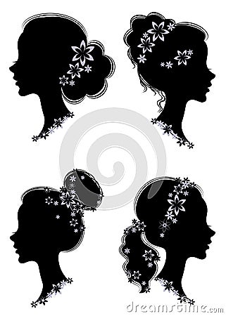 Collection. Silhouette profile of a cute lady s head. The girl has a haircut tail for long beautiful hair, decorated with flowers Cartoon Illustration