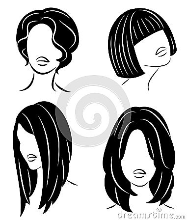 Collection. Silhouette profile of a cute lady s head. The girl shows her hairstyle for medium and long hair. Suitable for logo, Cartoon Illustration