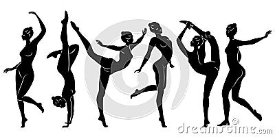 Collection. Silhouette of slender lady. Girl gymnast. The woman is flexible and graceful. She is jumping. Graphic image Vector Illustration