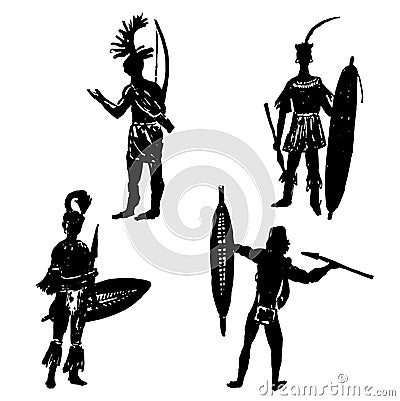 Collection of silhouettes of African tribal warriors in the battle suit and arms hand drawn illustration Vector Illustration