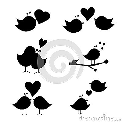 Collection of silhouettes of cartoon birds in love. Valentine's Day Stock Photo