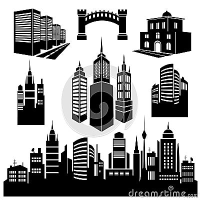 Collection of silhouettes of city images. Vector Illustration