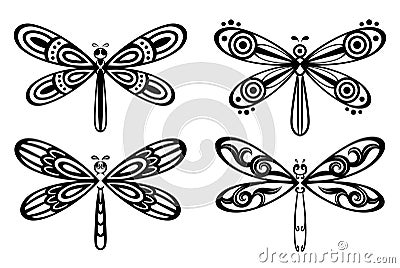 Collection of silhouettes dragonflies for tattoo design Vector Illustration