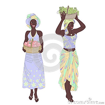 Collection. Silhouettes of a girl in a headscarf. The lady is holding a basket of grapes and apples in her hands. Woman Cartoon Illustration