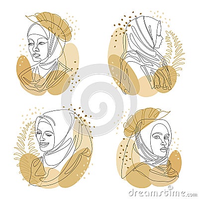 Collection. Silhouettes of a girl`s head and a leaf of a plant. Lady wearing hijab, scarf, arabic muslim headdress, headscarf. Fem Cartoon Illustration