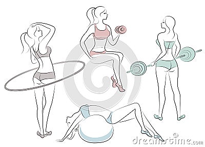 Collection. Silhouettes of lovely ladies. Girls are engaged in fitness the bar, nuggets, hoop, fitball. Women are young and Cartoon Illustration