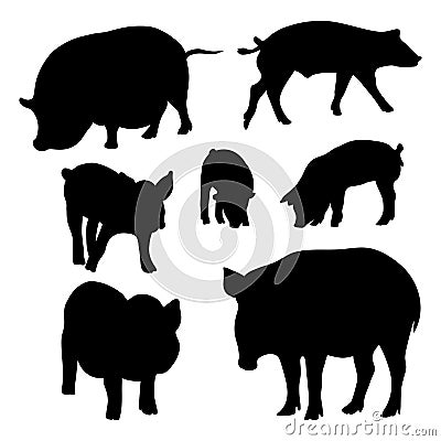 Collection silhouettes pigs and boar. Vector illustration. Isolated hand drawings farm animals on white background for Vector Illustration