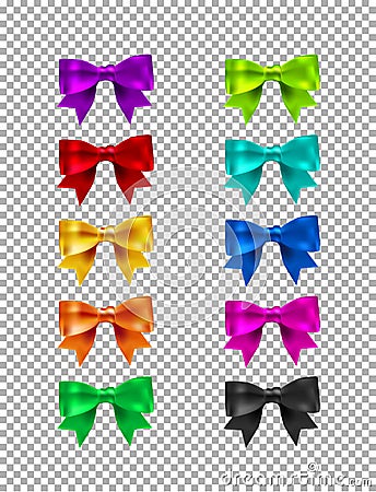 Collection of silk realistic colored bows with ribbons. Set of beautiful gift bows. Realistic bow collection. Holidays Vector Illustration