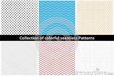 Collection of simple colorful seamless patterns. Vector Illustration