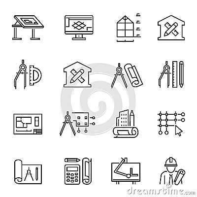 Collection of simple monochrome architectural planning icon vector construction design engineering Vector Illustration