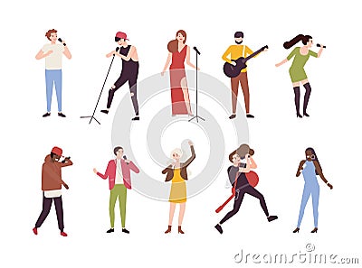 Collection of singers with microphones and musicians isolated on white background. Set of young men and women singing Vector Illustration