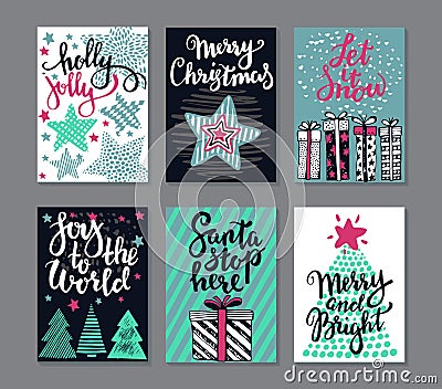 Collection of six Christmas greeting cards. Vector Illustration