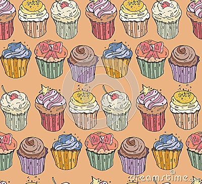 Collection of six cupcakes. Vector seamless illustration and background Vector Illustration