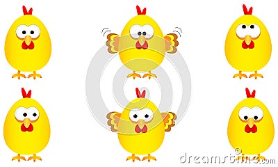 Collection of six funny yellow easter chickens with several expressions, vector illustration Vector Illustration