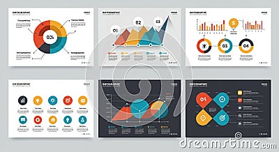 A collection of six infographics, each displaying different data visualization formats. Stock Photo