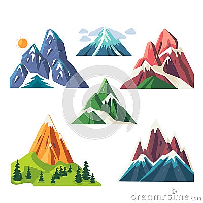 Collection six mountain landscapes, illustration featuring different mountain shapes colors Vector Illustration