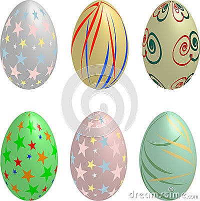 Collection of six pastel colored 3D Easter Eggs Vector Illustration