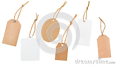 six white and brown tags Stock Photo