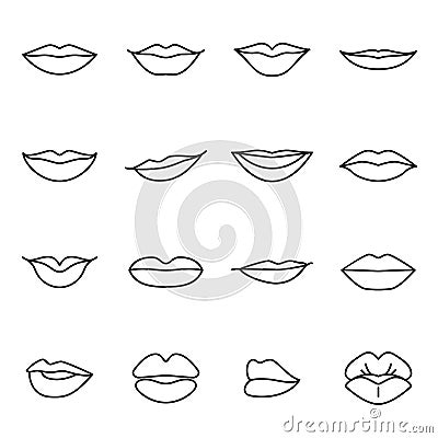 Collection of sixteen linear icons of women's lips Vector Illustration