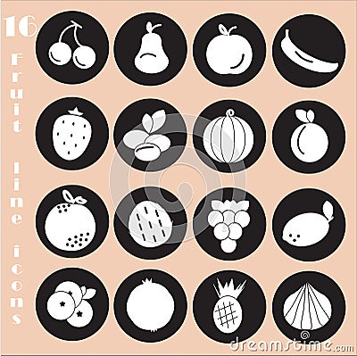 Collection of sixteen white fruit icons on the black stickers. Nice vector illustration design. Health and benefit concept Vector Illustration