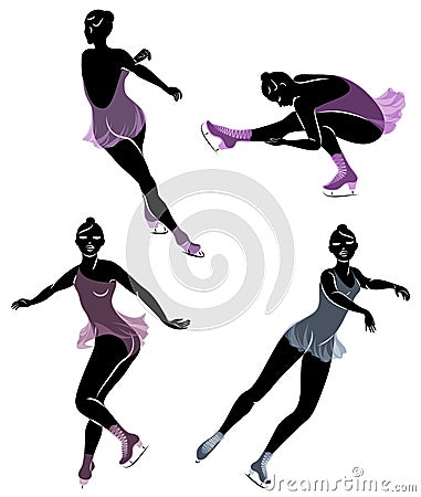 Collection. Skater skates on ice. The girl is beautiful and slender. Lady athlete, figure skater. Vector illustration of a set Cartoon Illustration