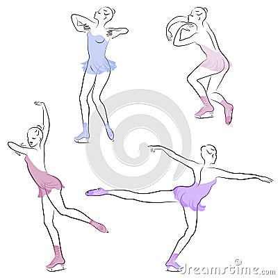 Collection. Skater skates on ice. The girl is beautiful and slender. Lady athlete, figure skater. Vector illustration of a set Cartoon Illustration