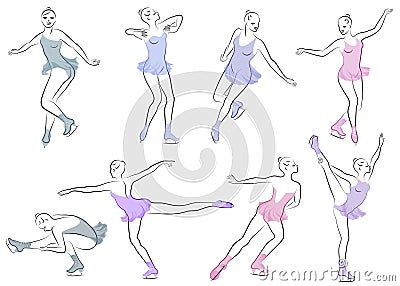 Collection. Skater skates on ice. The girl is beautiful and slender. Lady athlete, figure skater. Vector illustration of a set Cartoon Illustration