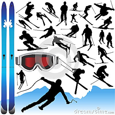 Collection of ski vector and equipments Vector Illustration