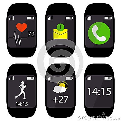 Collection smart watch with icons on the display heart rate, pulse, running, message sms, call, weather, time. Vector illustration Cartoon Illustration