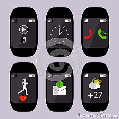 Collection smart watch with icons on the display heart rate, pulse, running, message sms, call, weather, time. Vector illustration Cartoon Illustration