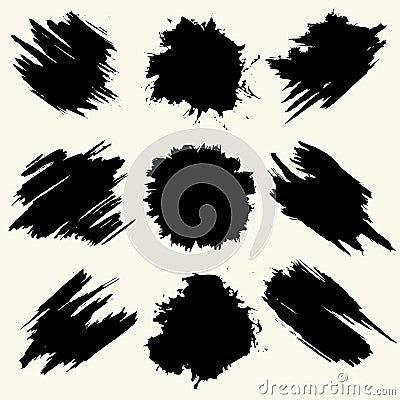 Collection of smears with black paint, strokes, brush strokes, stains and splashes, dirty lines, rough textures. Vector Illustration