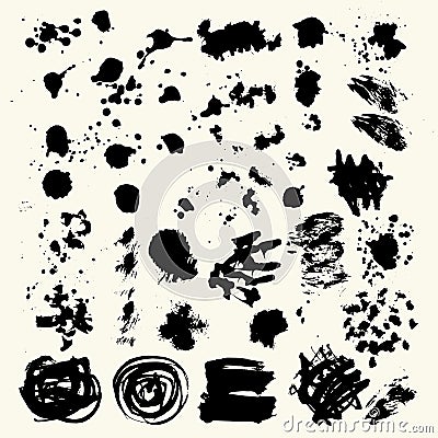 Collection of smears with black paint, strokes, brush strokes, stains and splashes, dirty lines, rough textures. Vector Illustration