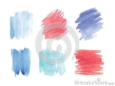 Collection of smears or blots hand painted with watercolor isolated on white background. Bundle of artistic paint traces Vector Illustration