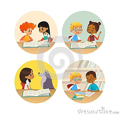 Collection of smiling children reading books and talking to each other at school library. Set of school kids discussing Vector Illustration