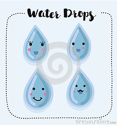 Collection of smiling water drops with various gestures. Vector Illustration