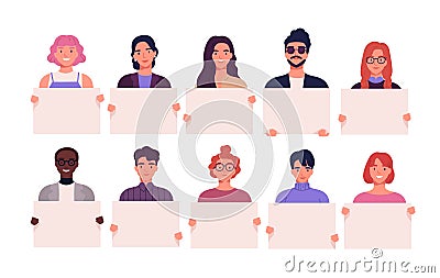 Collection of smiling young men and women holding clean placards. Bundle of joyful male and female cartoon characters Vector Illustration