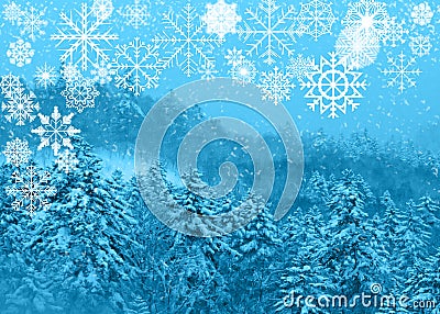 Snowflakes collection on blue snowy trees background Stock Photo