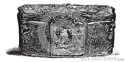 Collection of snuff boxes, to the Louvre Museum, A snuffbox from 1771, exact size, vintage engraving Vector Illustration